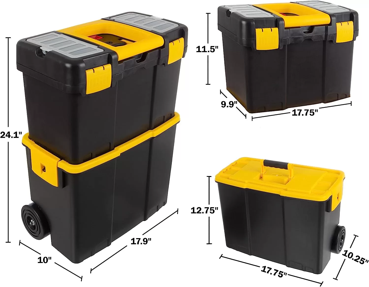 Portable Tool Box with Wheels - Stackable 2-in-1 Tool Chest with Fold-Down Comfort Handles