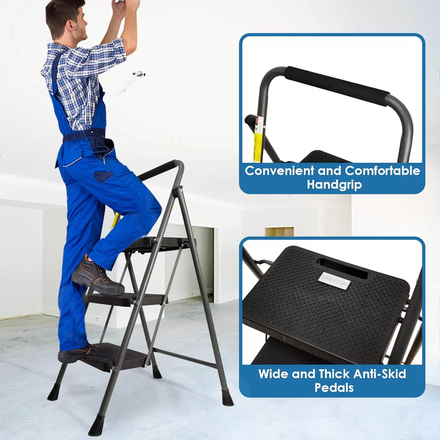 3 Step Ladder, GOLYTON Folding Step Stool with Anti-Slip Wide Pedal & Convenient Handgrip, Grey