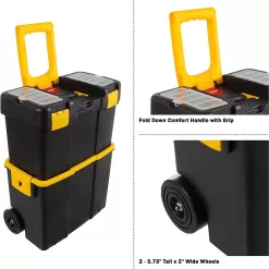 Portable Tool Box with Wheels - Stackable 2-in-1 Tool Chest with Fold-Down Comfort Handles