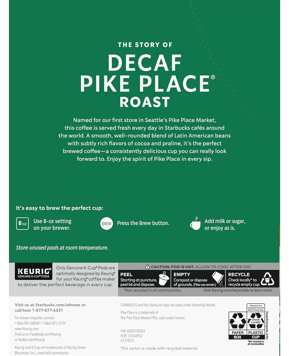 Starbucks Coffee K-Cup Pods, Decaf Pike Place Roast, Medium Roast Decaffeinated Coffee, 24 CT K-Cups Per Box (Pack of 1 Box)
