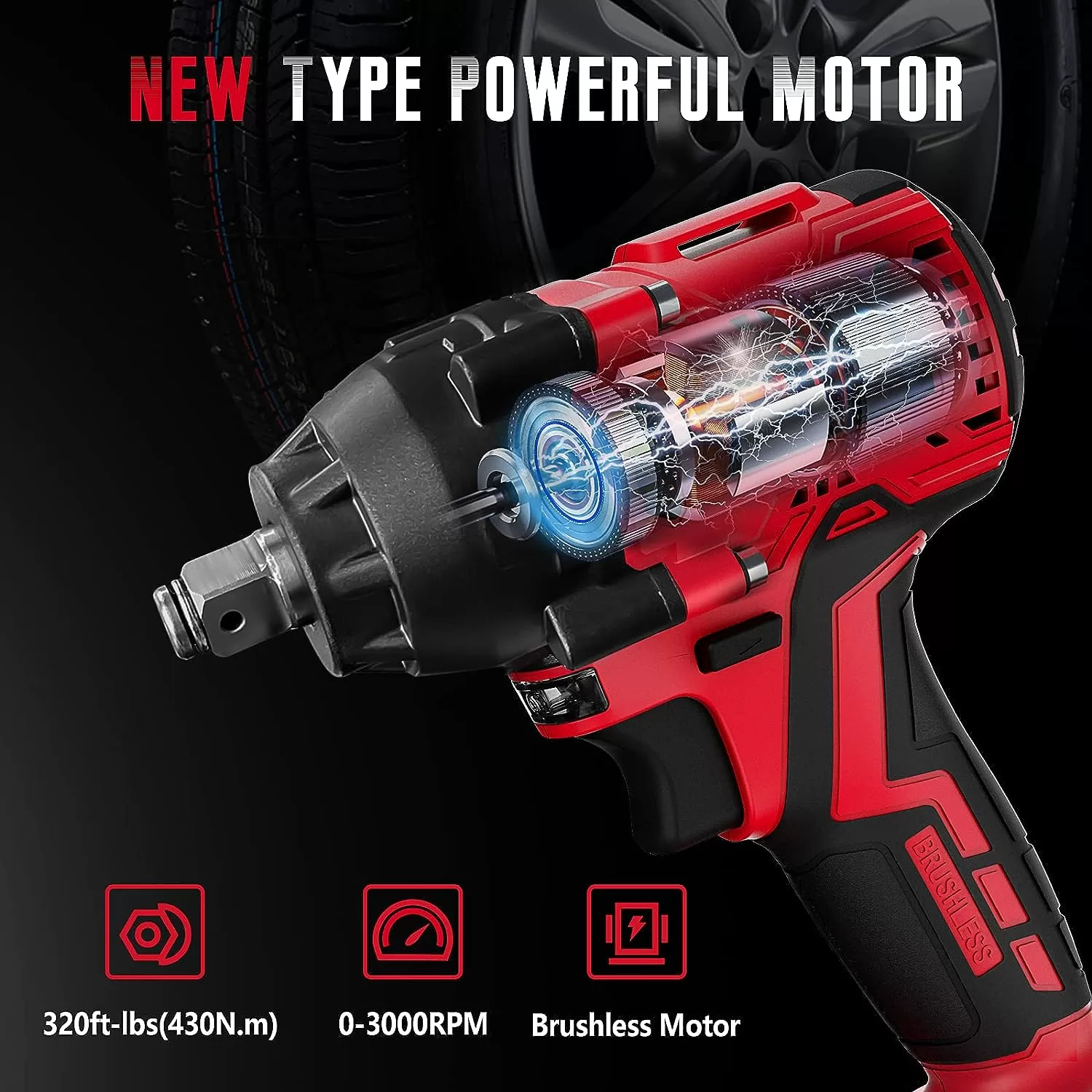 SEYVUM Impact Wrench,1/2" Impact Gun, Power Impact Driver Max Torque 320 Ft-lbs (430N.m)
