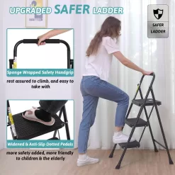 Step Ladder 3 Step Folding with Handgrip, 500Lbs Steel Step Stool, Folding Ladder with Anti-Slip Wide Pedals