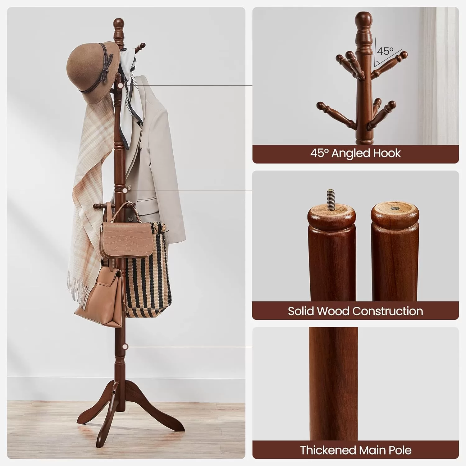 VASAGLE Solid Wood Coat Rack/Stand, Free Standing Hall Coat Tree with 10 Hooks