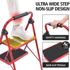 KINGRACK Folding Step Ladder 4 Steps Stool,Heavy-Duty Sturdy Safety Steel Tall Step Stool Ladders, Red