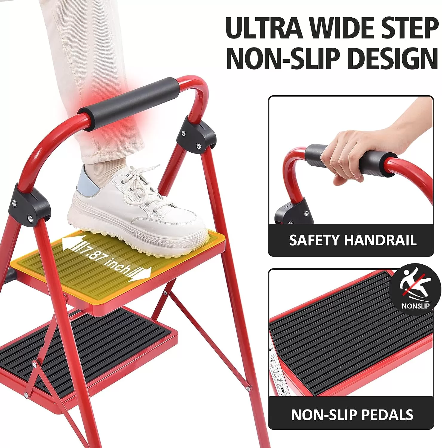 KINGRACK Folding Step Ladder 4 Steps Stool,Heavy-Duty Sturdy Safety Steel Tall Step Stool Ladders, Red
