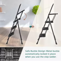 HBTower 3 Step Ladder with Tool Tray, Folding Step Stool with Wide Non-Slip Pedal and Comfort Handgrip, Black