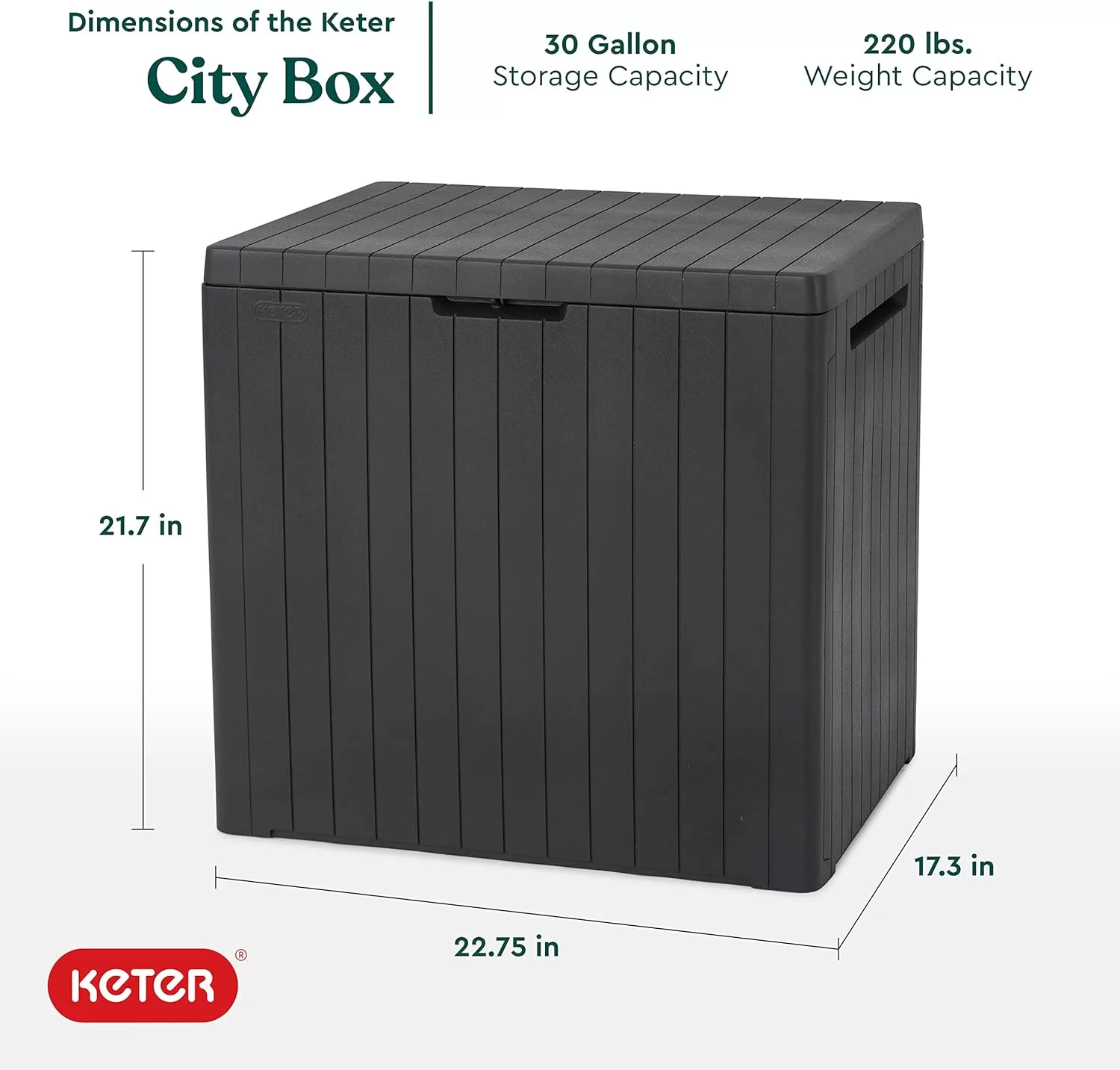 Keter City 30 Gallon Resin Deck Box for Patio Furniture, Pool Accessories, and Storage for Outdoor Toys, Grey