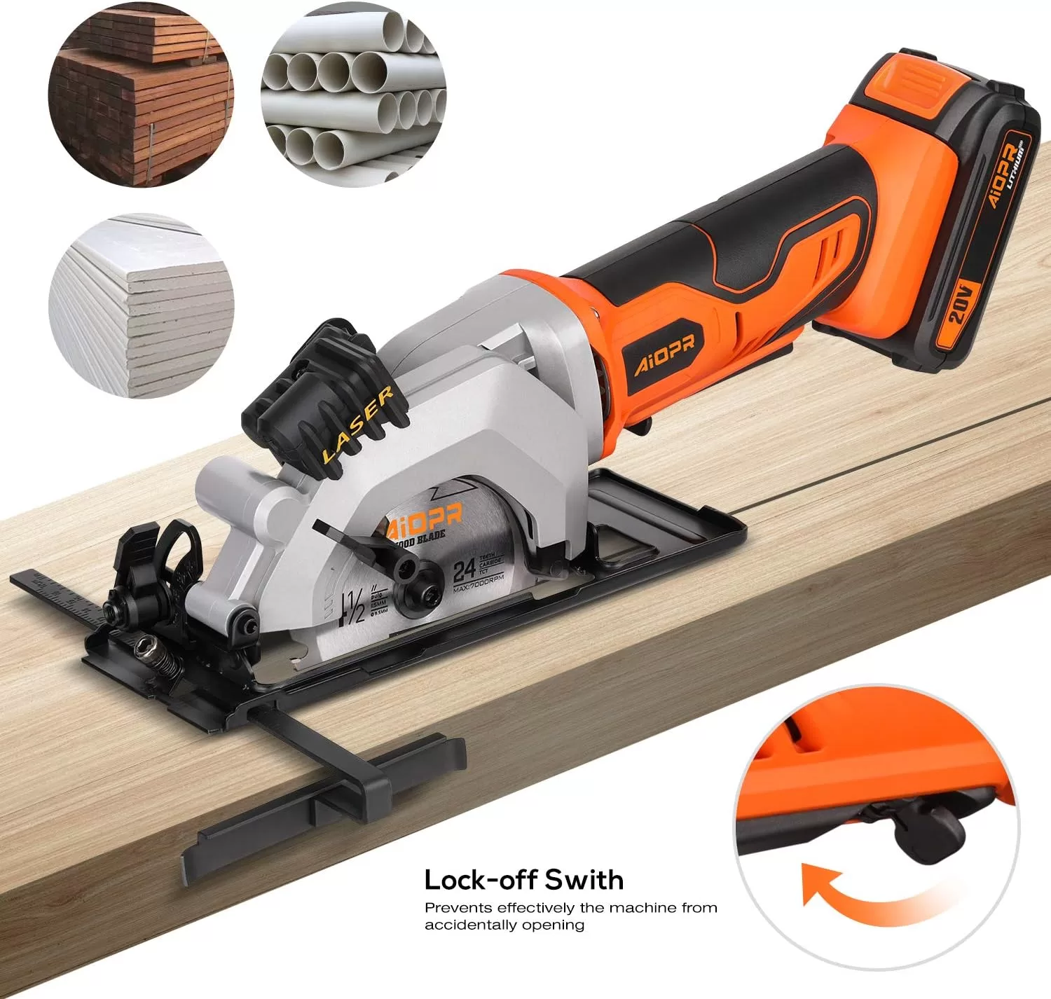 AIOPR 20V 4-1/2" Cordless Mini Circular Saw with Laser Guide, Rip Guide, Vacuum Adapter and 2 Blades (97630L)
