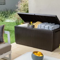 Keter Springwood 80 Gallon Resin Outdoor Storage Box, Brown