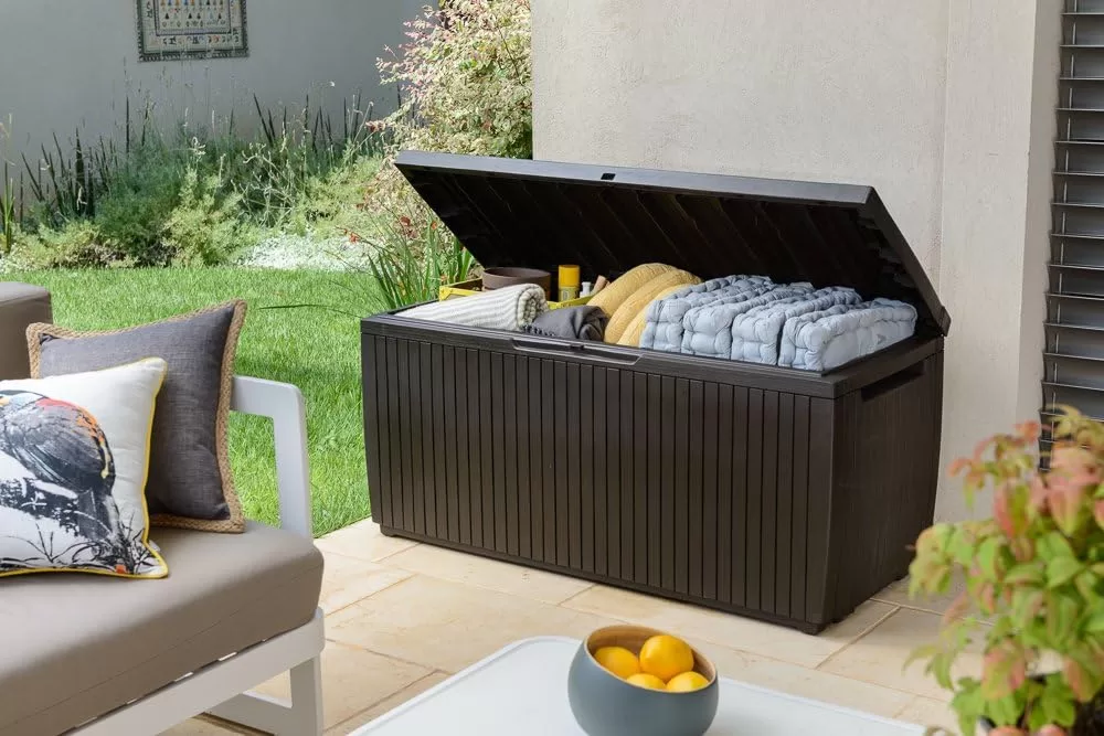 Keter Springwood 80 Gallon Resin Outdoor Storage Box, Brown