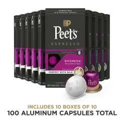 Peet's Coffee, Medium Roast Espresso Pods Compatible, Cafe Inspired Ricchezza Intensity 8, 100 Count (10 Boxes of 10 Espresso Capsules)