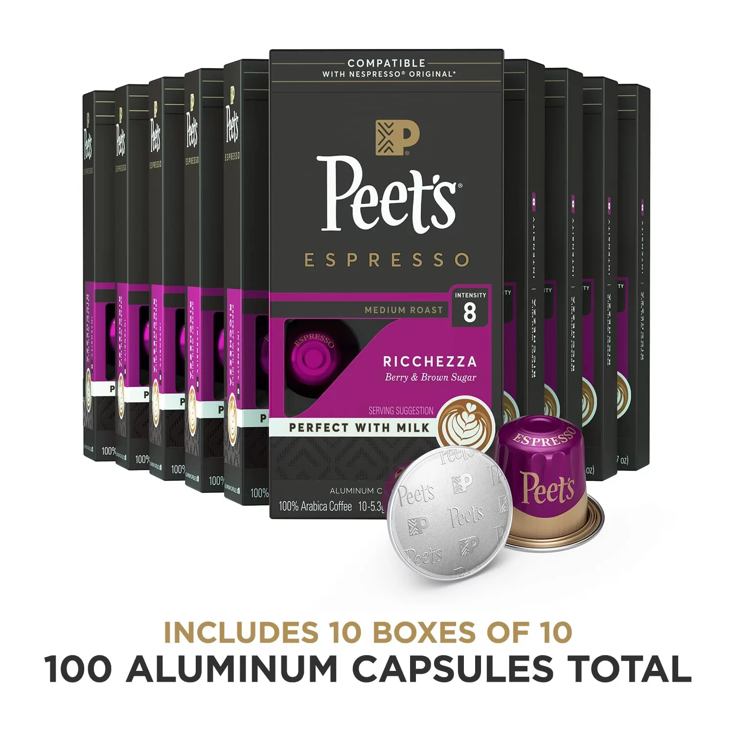 Peet's Coffee, Medium Roast Espresso Pods Compatible, Cafe Inspired Ricchezza Intensity 8, 100 Count (10 Boxes of 10 Espresso Capsules)