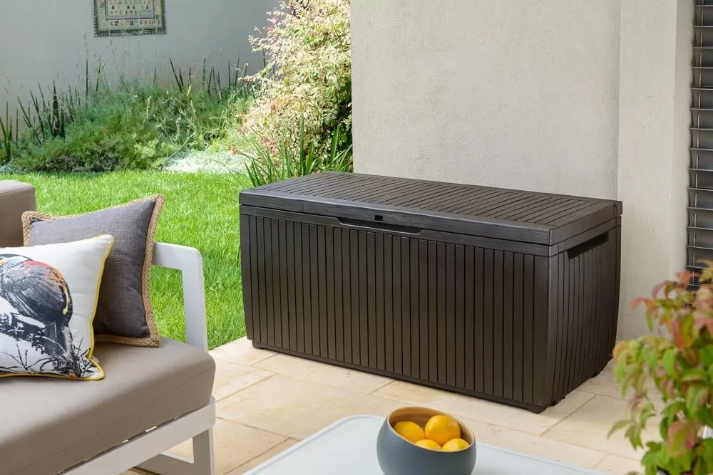Keter Springwood 80 Gallon Resin Outdoor Storage Box, Brown