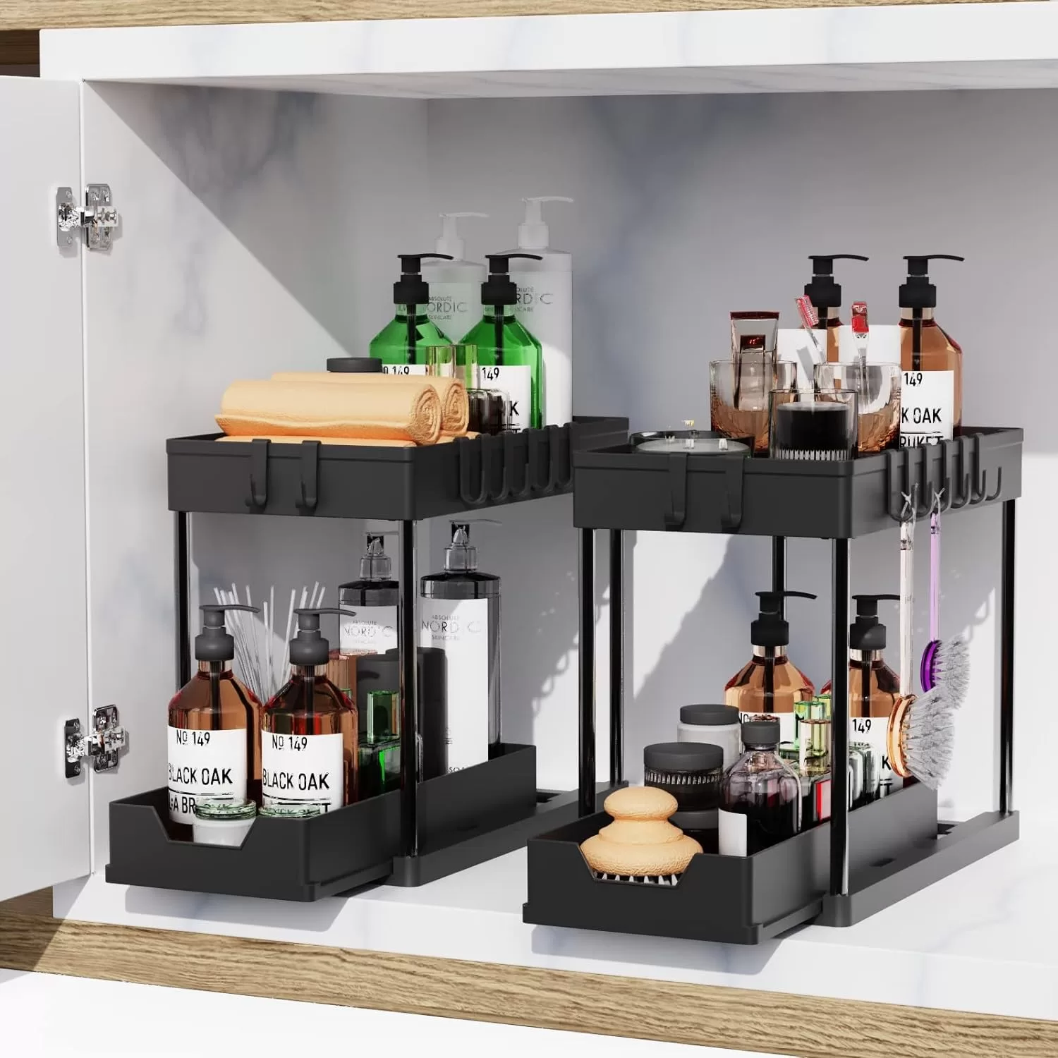2 Pack Under Sink Organizers and Storage, 2-Tier Sliding Cabinet Basket Organizer with Hooks