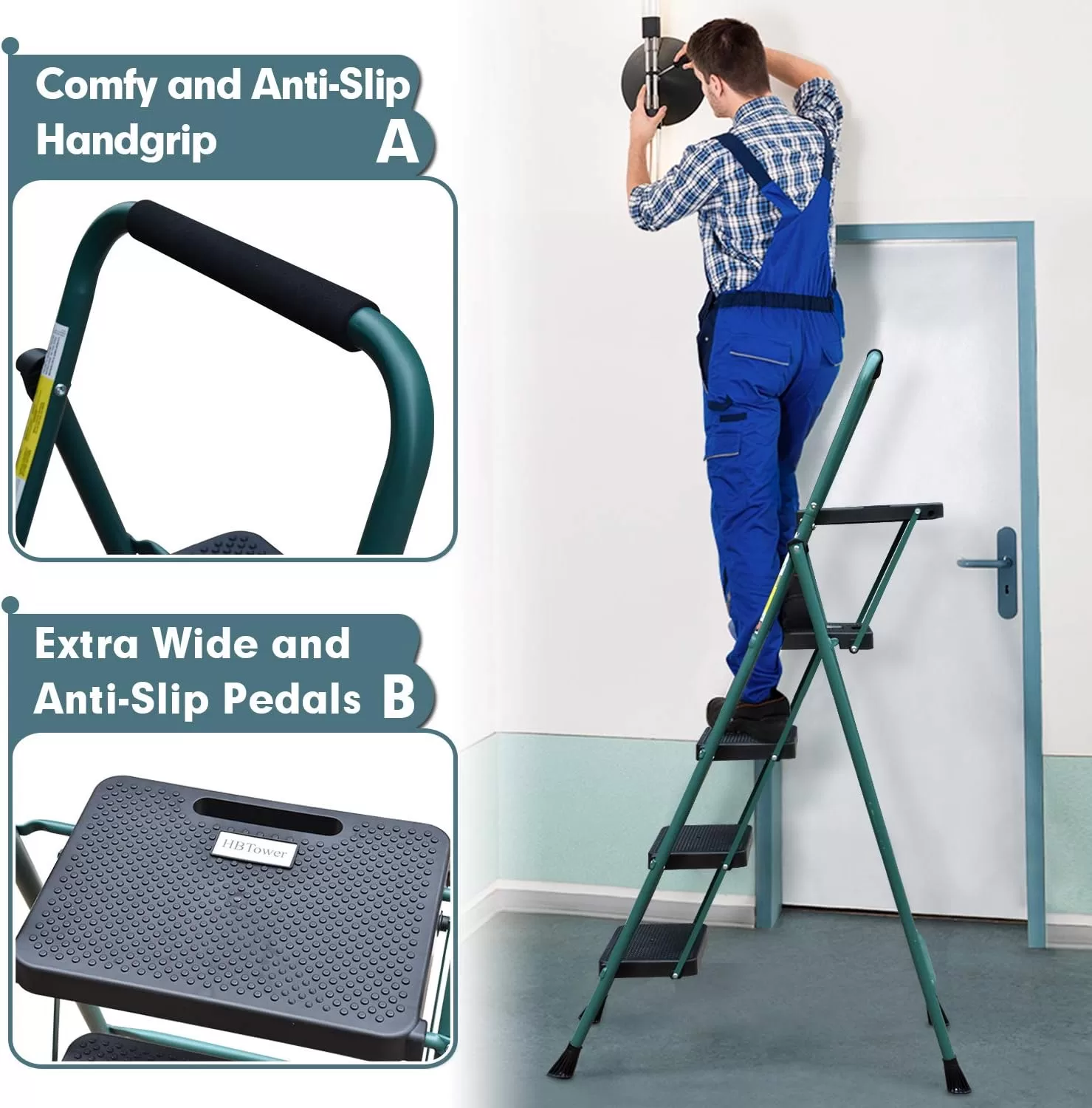 4 Step Ladder, HBTower Folding Step Stool with Tool Platform, Wide Anti-Slip Pedal