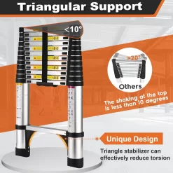 Telescoping Ladder, SocTone 12.5 FT Aluminum Lightweight Extension Ladder with 2 Triangle Stabilizers, Heavy Duty 330lbs Max Capacity