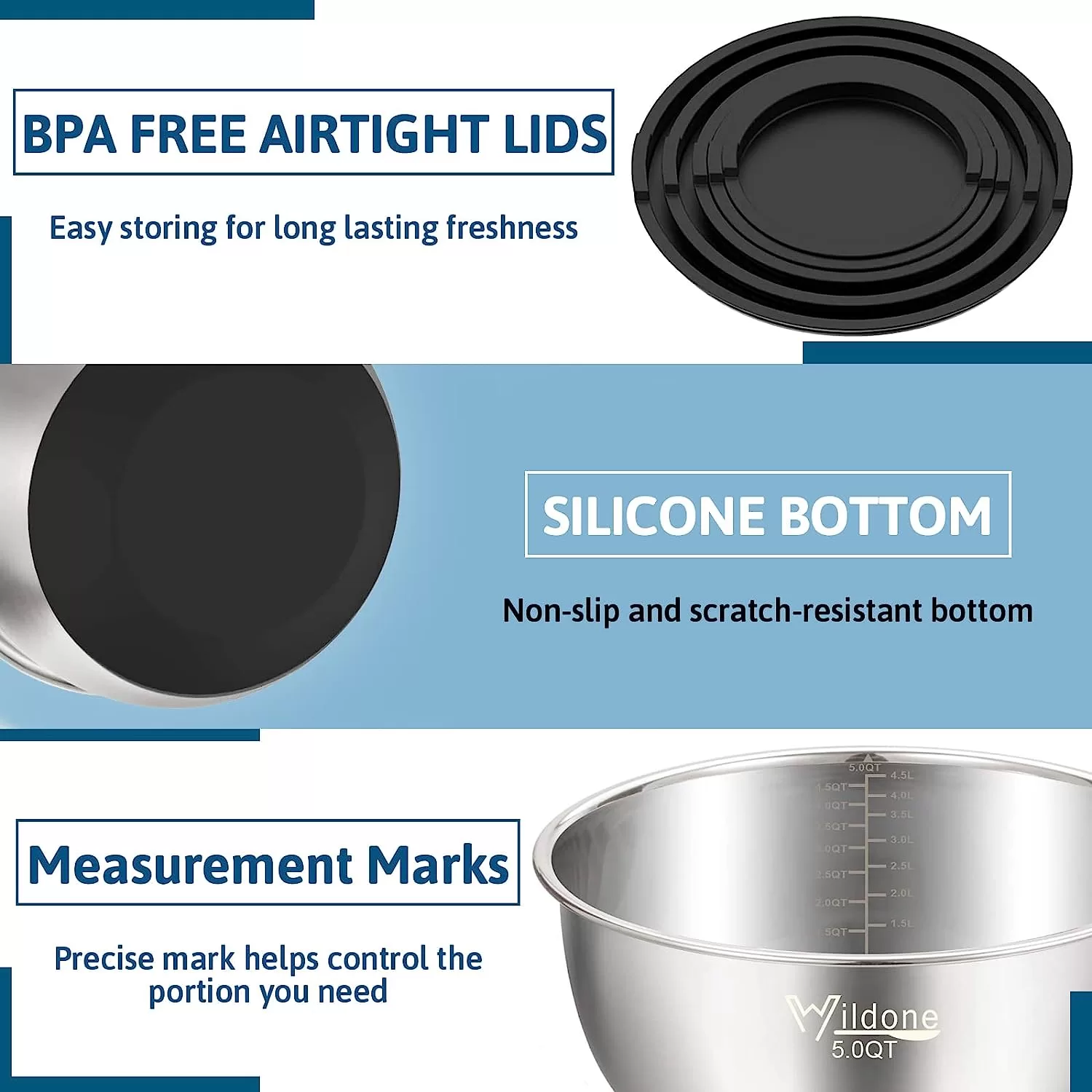 Wildone Mixing Bowls with Airtight Lids, Stainless Steel Nesting Mixing Bowls Set of 5