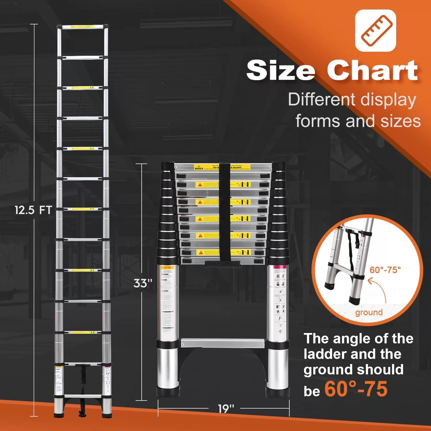 Telescoping Ladder, SocTone 12.5 FT Aluminum Lightweight Extension Ladder with 2 Triangle Stabilizers, Heavy Duty 330lbs Max Capacity