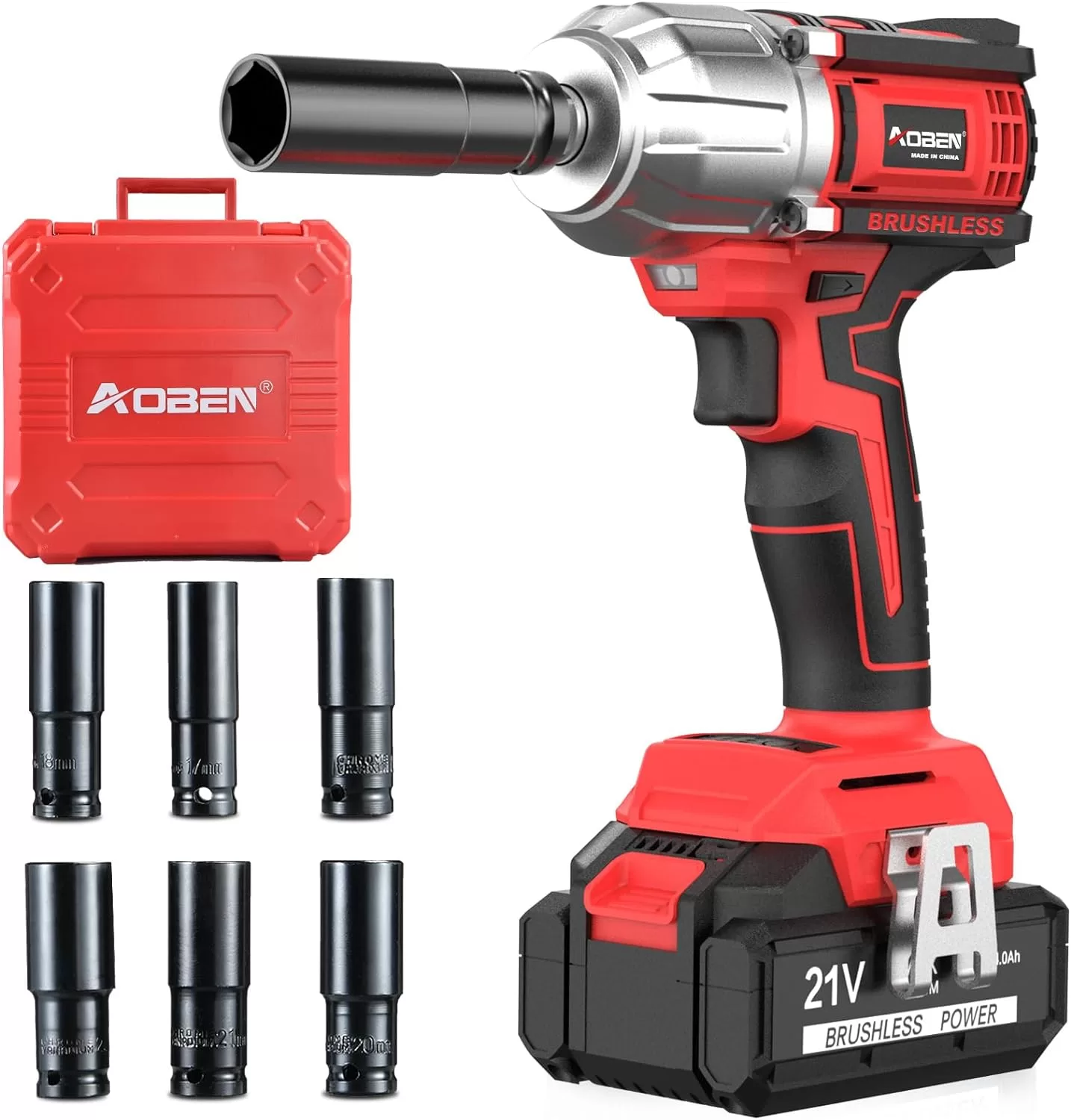 AOBEN 21V Cordless High Torque Impact Wrench 1/2 inch, Powerful Brushless Motor