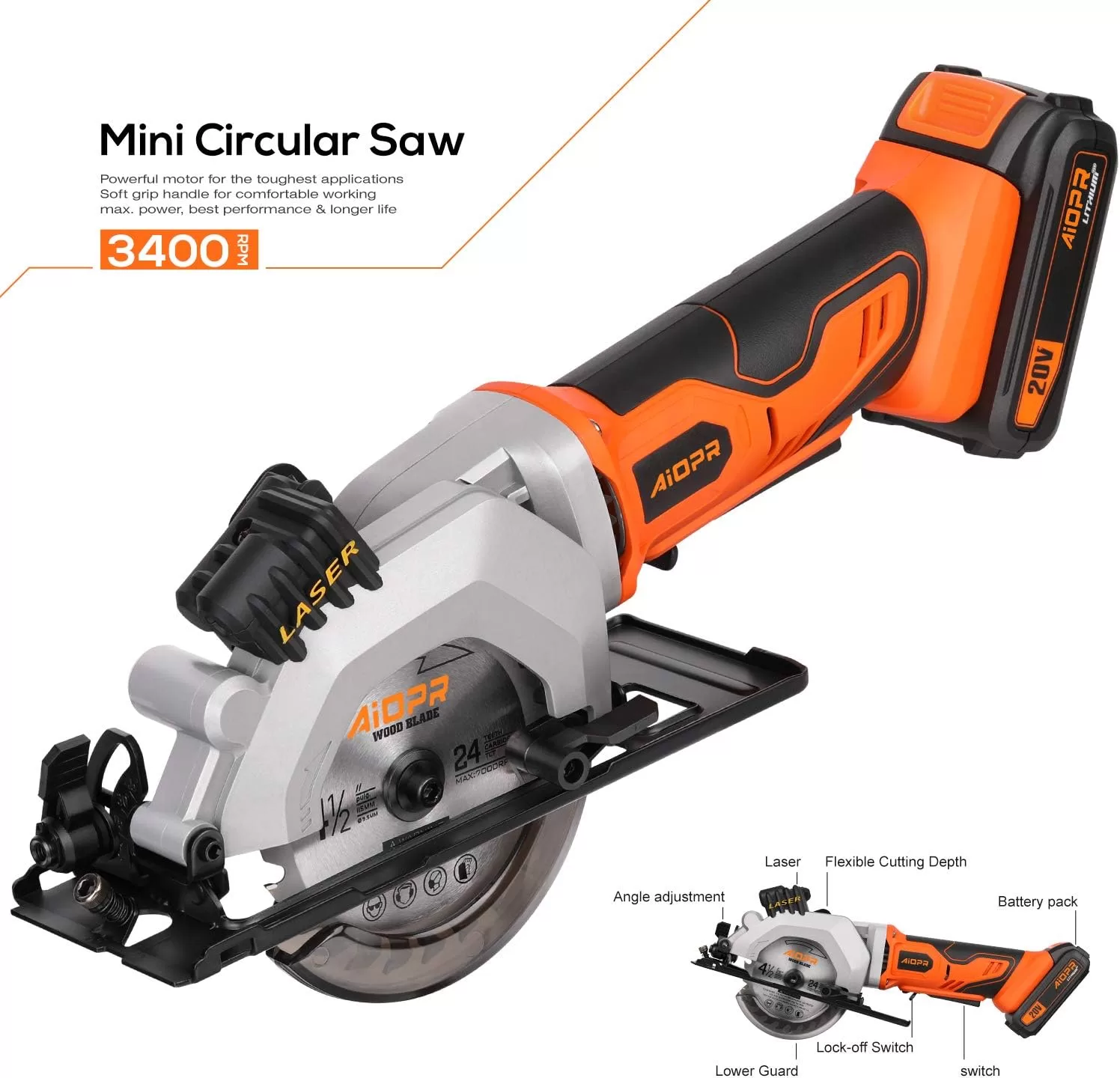 AIOPR 20V 4-1/2" Cordless Mini Circular Saw with Laser Guide, Rip Guide, Vacuum Adapter and 2 Blades (97630L)