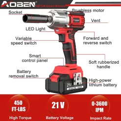 AOBEN 21V Cordless High Torque Impact Wrench 1/2 inch, Powerful Brushless Motor