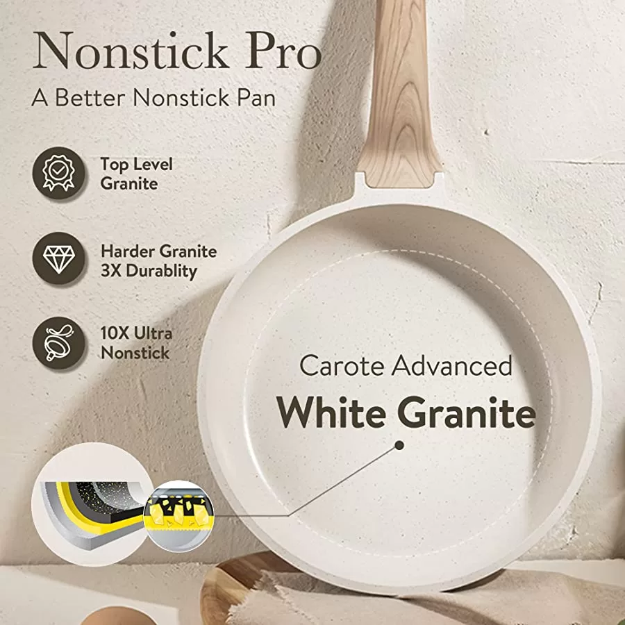 CAROTE Pots and Pans Set Nonstick, White Granite Induction Kitchen Cookware Sets, 10 Pcs Non Stick Cooking Set w/Frying Pans & Saucepans