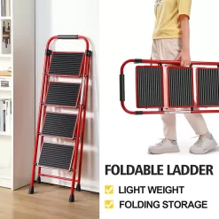 KINGRACK Folding Step Ladder 4 Steps Stool,Heavy-Duty Sturdy Safety Steel Tall Step Stool Ladders, Red