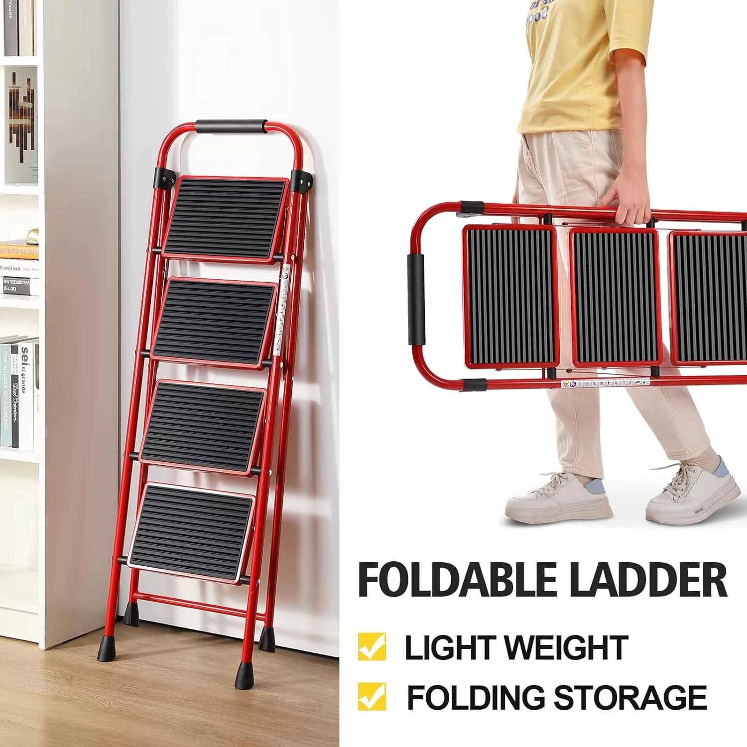 KINGRACK Folding Step Ladder 4 Steps Stool,Heavy-Duty Sturdy Safety Steel Tall Step Stool Ladders, Red