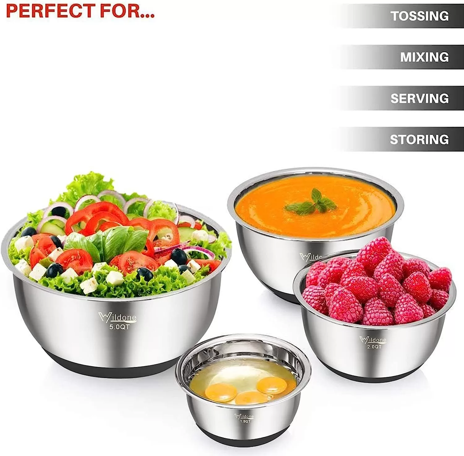 Wildone Mixing Bowls with Airtight Lids, Stainless Steel Nesting Mixing Bowls Set of 5