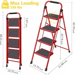KINGRACK Folding Step Ladder 4 Steps Stool,Heavy-Duty Sturdy Safety Steel Tall Step Stool Ladders, Red