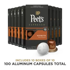 Peet's Coffee, Dark Roast Espresso Pods Compatible, Ristretto Intensity 10, 100 Count (10 Boxes of 10 Espresso Capsules)