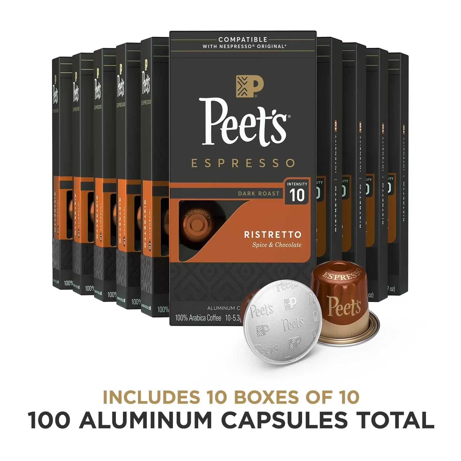 Peet's Coffee, Dark Roast Espresso Pods Compatible, Ristretto Intensity 10, 100 Count (10 Boxes of 10 Espresso Capsules)