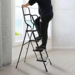 WiberWi 4 Step Ladder with Handrails 500 lb Capacity Step Stool Folding Portable Ladders for Home Kitchen Steel Frame