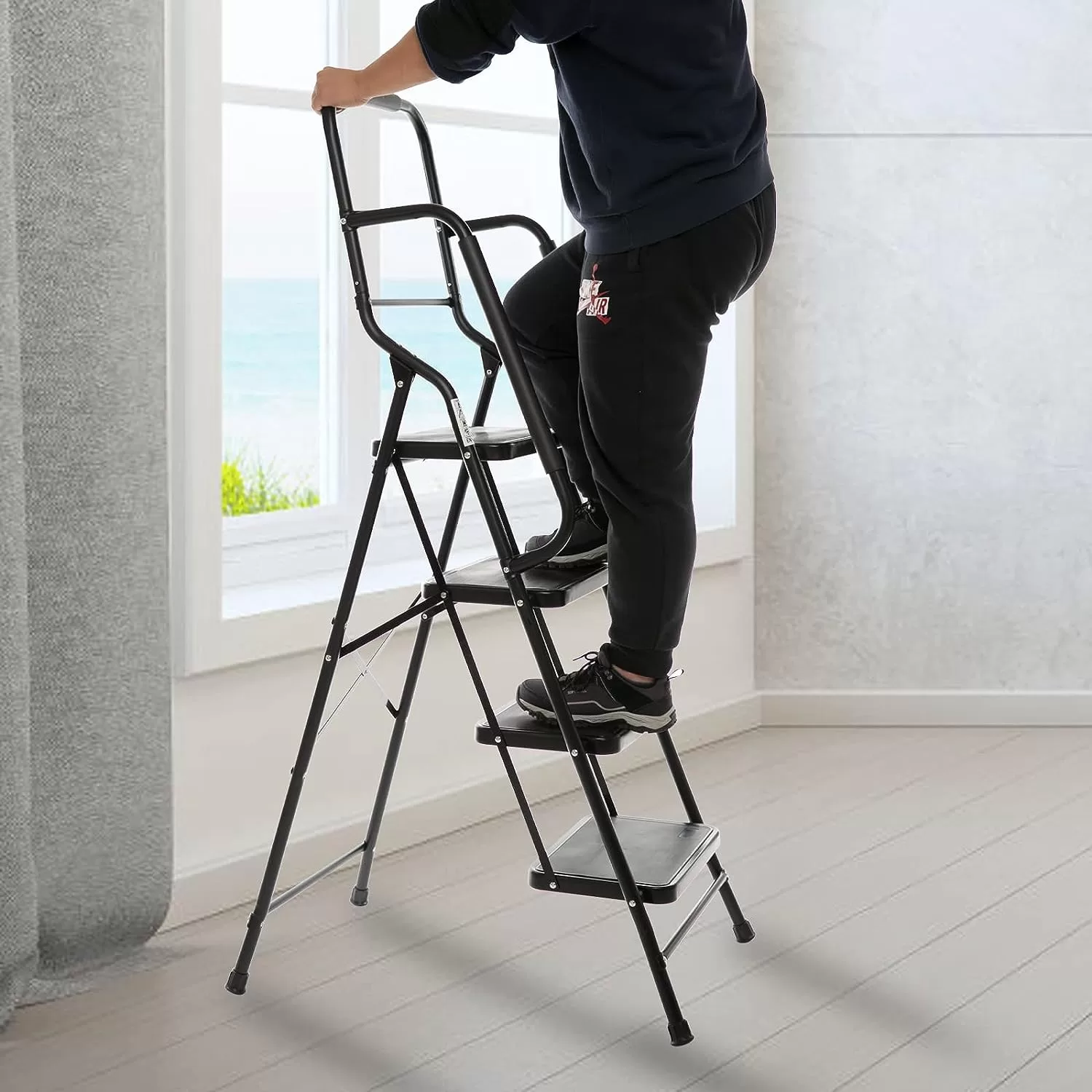 WiberWi 4 Step Ladder with Handrails 500 lb Capacity Step Stool Folding Portable Ladders for Home Kitchen Steel Frame