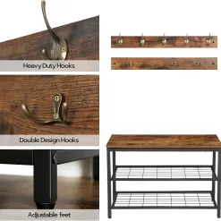 HOOBRO Shoe Bench Set, Entryway Shoe Rack with Coat Hooks, Hall Tree Coat Rack, Mud Room Bench, Rustic Brown BF07MT01