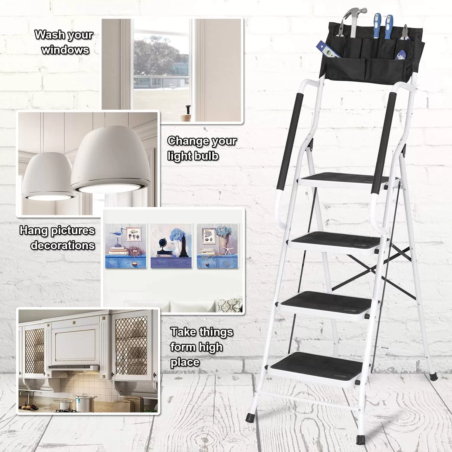 EdMaxwell 4 Step Ladder with Handrails 500 lb Capacity Step Stool Folding Portable Ladders