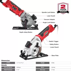 PowerSmart 4 Amp 4-1/2 Inch Mini Circular Saw with 2 Wood Blades and Laser Guide