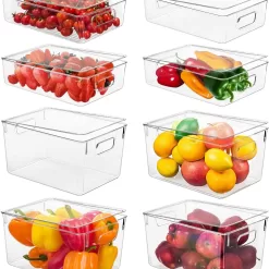 Refrigerator Organizer Bins with Lid, 8 Pack Plastic Freezer Organizer Bins for Freezer, Kitchen, Cabinets