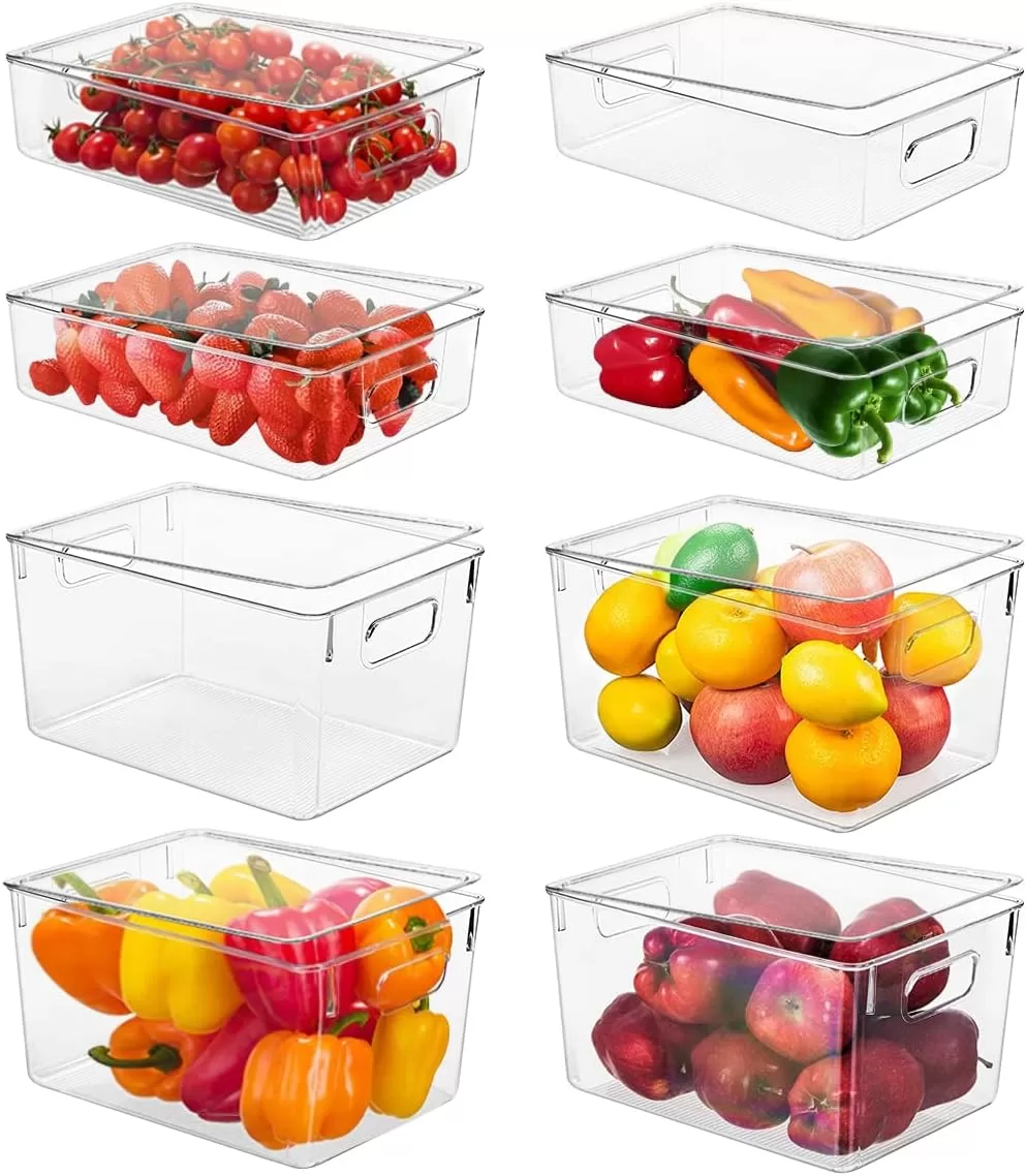 Refrigerator Organizer Bins with Lid, 8 Pack Plastic Freezer Organizer Bins for Freezer, Kitchen, Cabinets