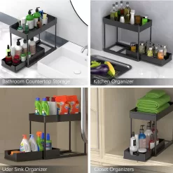 2 Pack Under Sink Organizers and Storage, 2-Tier Sliding Cabinet Basket Organizer with Hooks
