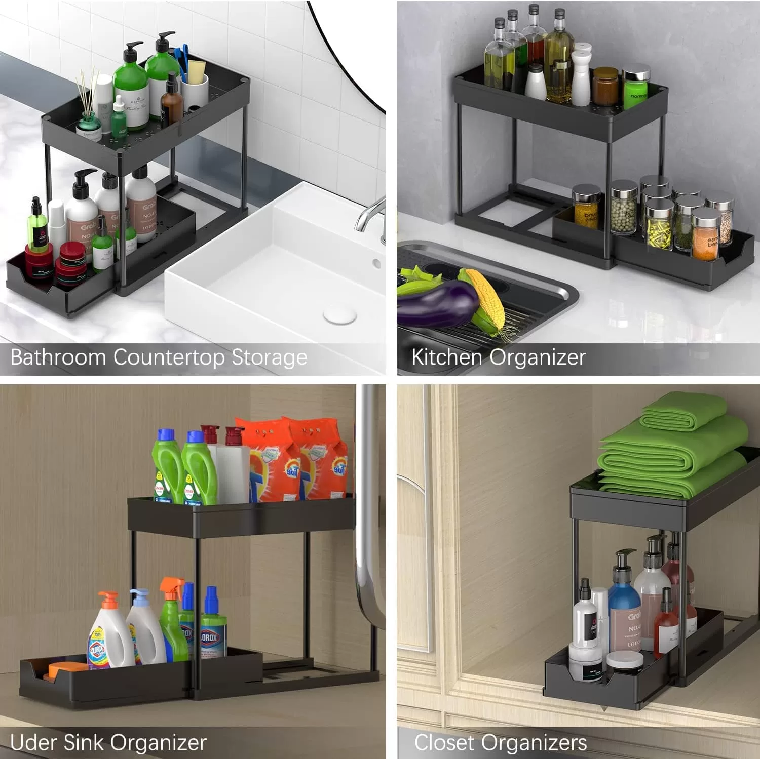 2 Pack Under Sink Organizers and Storage, 2-Tier Sliding Cabinet Basket Organizer with Hooks