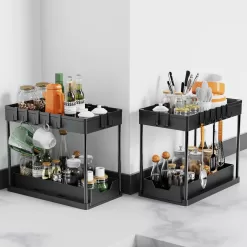 2 Pack Under Sink Organizers and Storage, 2-Tier Sliding Cabinet Basket Organizer with Hooks