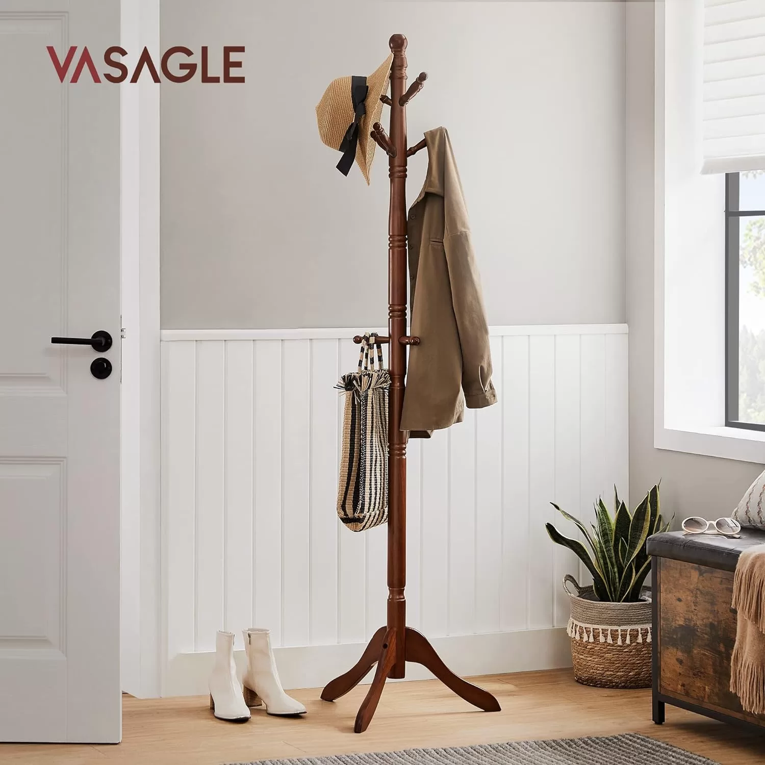 VASAGLE Solid Wood Coat Rack/Stand, Free Standing Hall Coat Tree with 10 Hooks