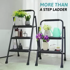 Step Ladder 3 Step Folding with Handgrip, 500Lbs Steel Step Stool, Folding Ladder with Anti-Slip Wide Pedals