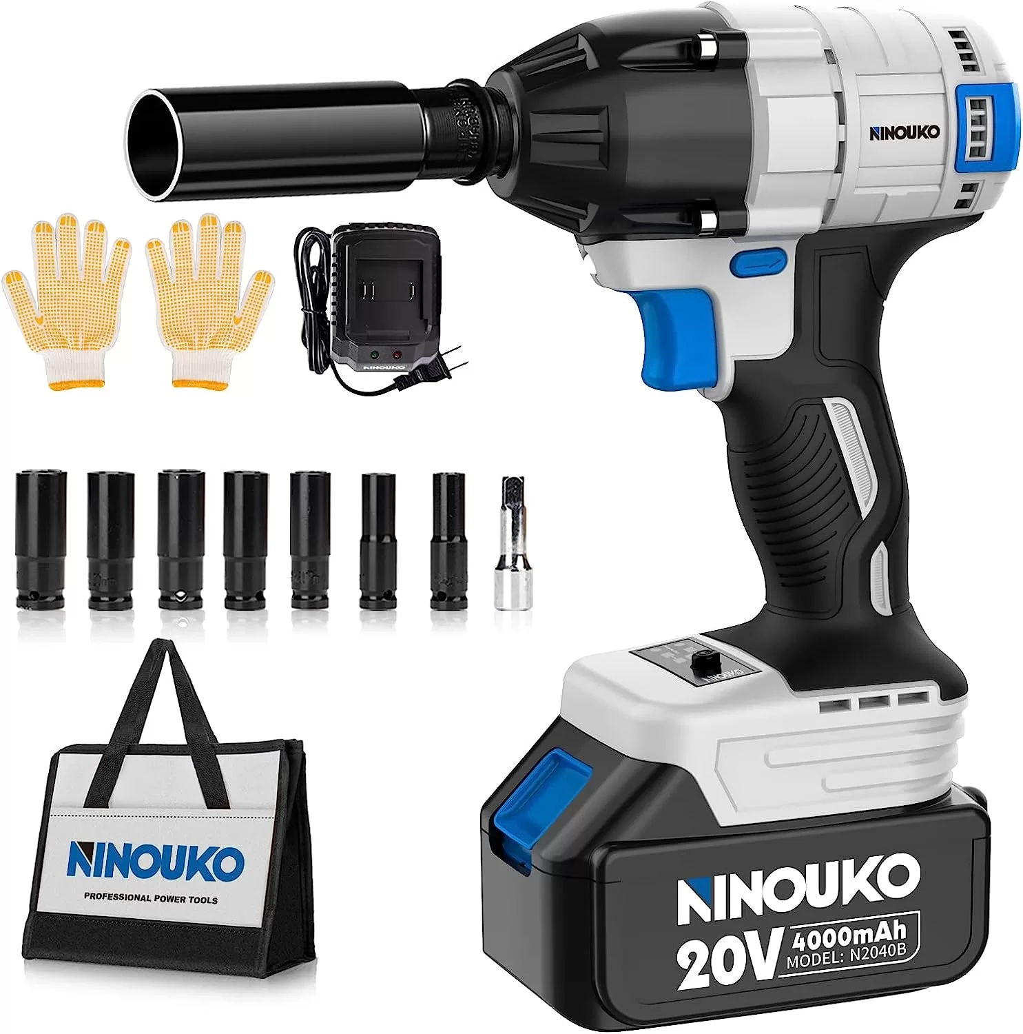 NINOUKO Cordless Impact Wrench 1/2 inch, 20V Electric Impact Gun