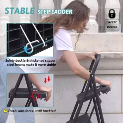 Step Ladder 3 Step Folding with Handgrip, 500Lbs Steel Step Stool, Folding Ladder with Anti-Slip Wide Pedals