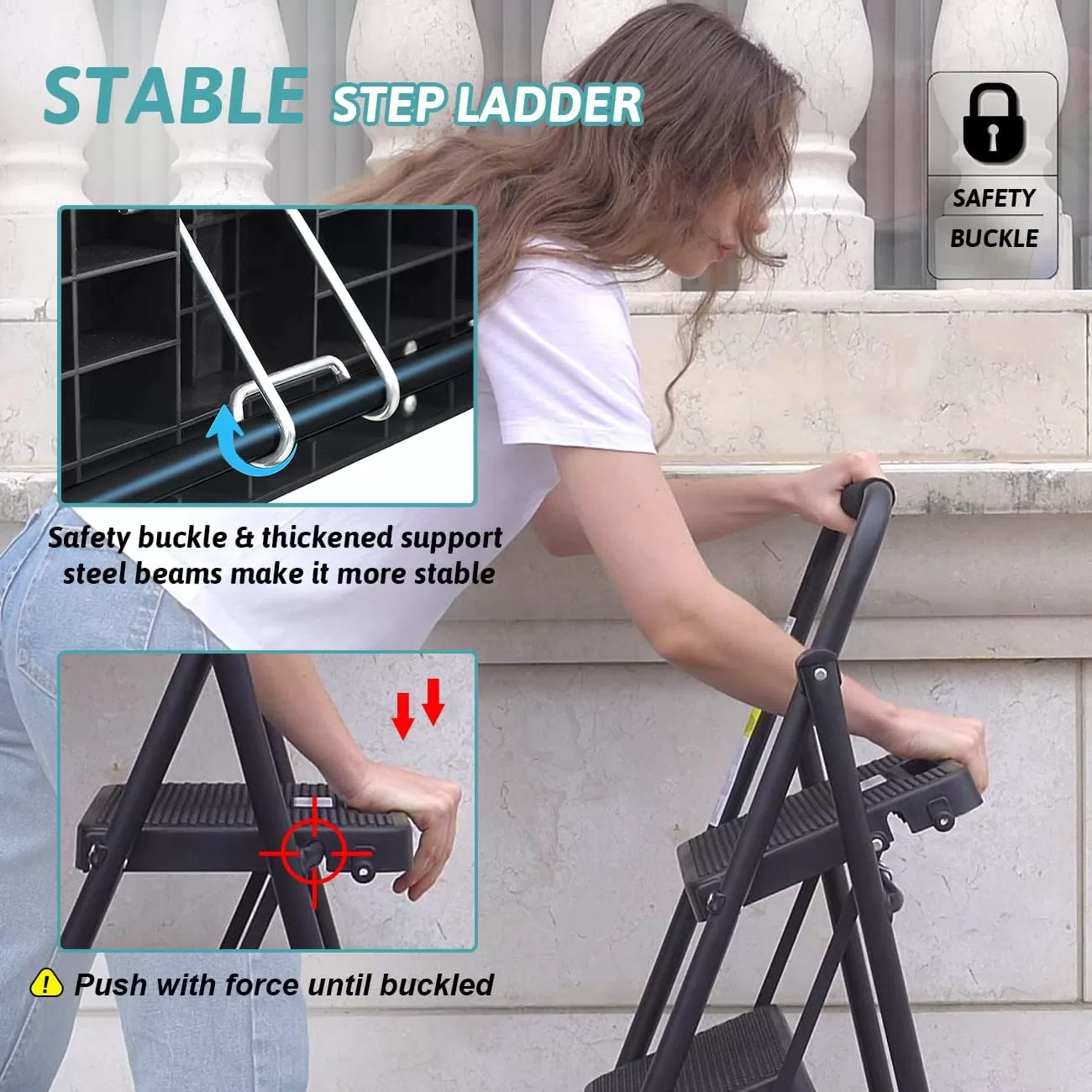 Step Ladder 3 Step Folding with Handgrip, 500Lbs Steel Step Stool, Folding Ladder with Anti-Slip Wide Pedals