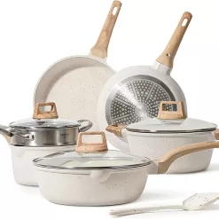 CAROTE Pots and Pans Set Nonstick, White Granite Induction Kitchen Cookware Sets, 10 Pcs Non Stick Cooking Set w/Frying Pans & Saucepans