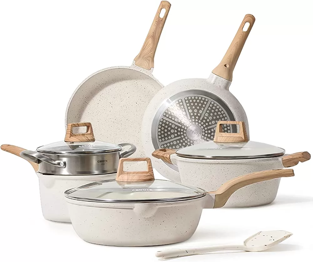CAROTE Pots and Pans Set Nonstick, White Granite Induction Kitchen Cookware Sets, 10 Pcs Non Stick Cooking Set w/Frying Pans & Saucepans