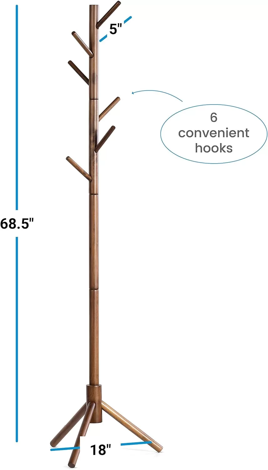 ZOBER Coat Rack Free Standing - Wooden Coat Tree W/ 6 Hooks - Coats, Purses, Hats - Adjustable Sizes, Easy Assembly - Vintage